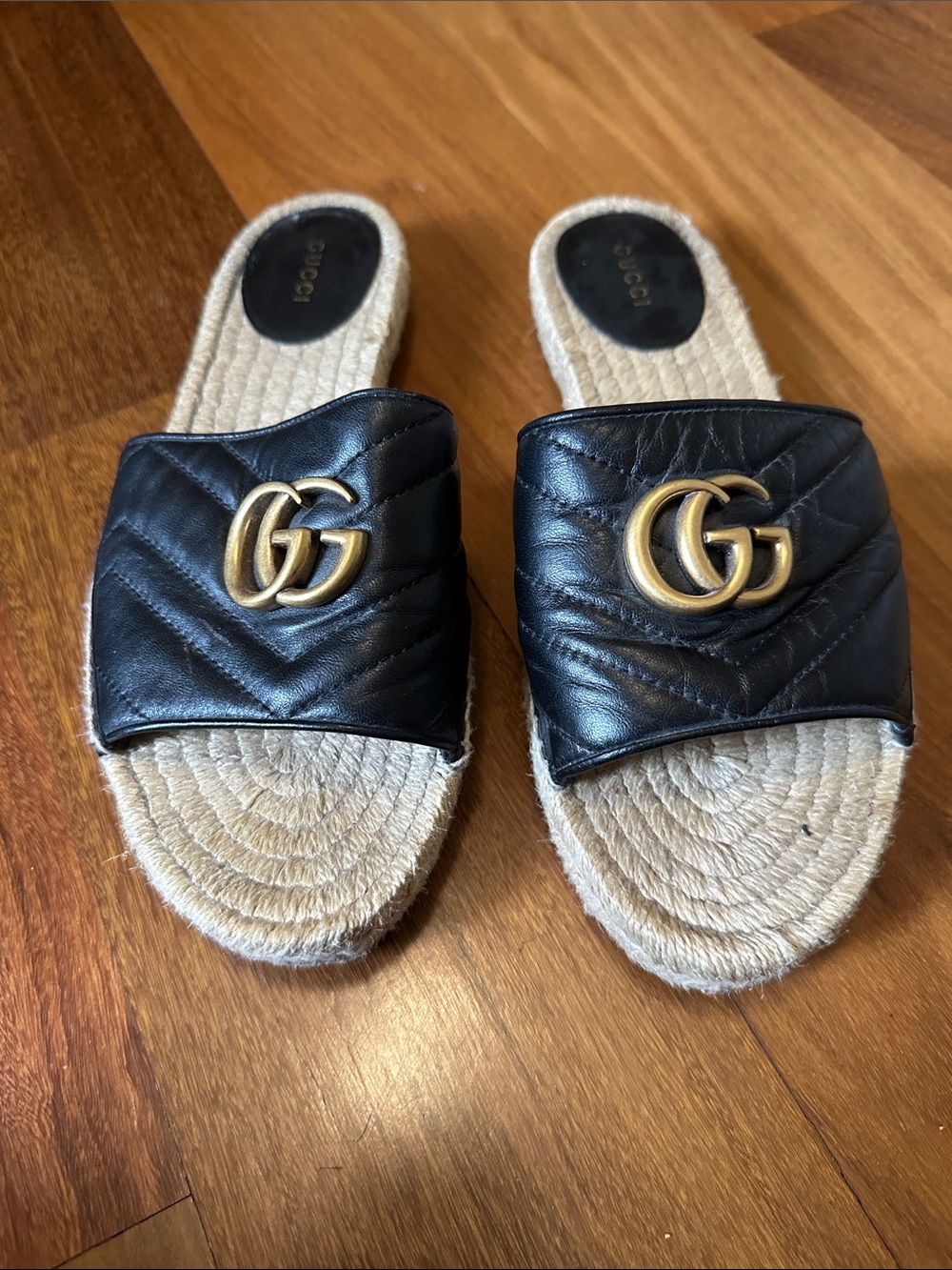 Gucci Black Quilted Leather GG Espadrille Slide Mules with Gold Logo - Picture 3 of 5